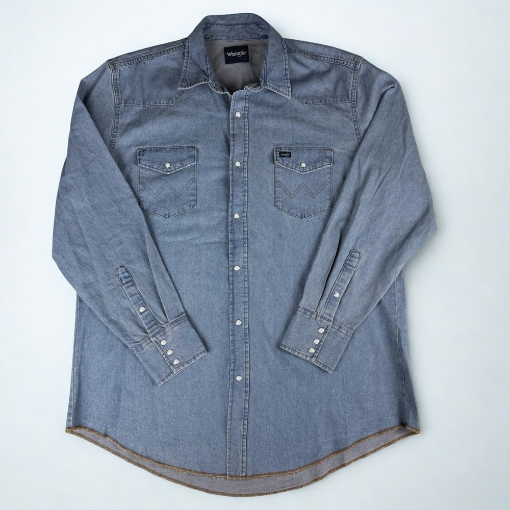 Wrangler Pearl Snap Western Denim‎ Shirt Mens 2X Tall Light Blue Cowboy Style